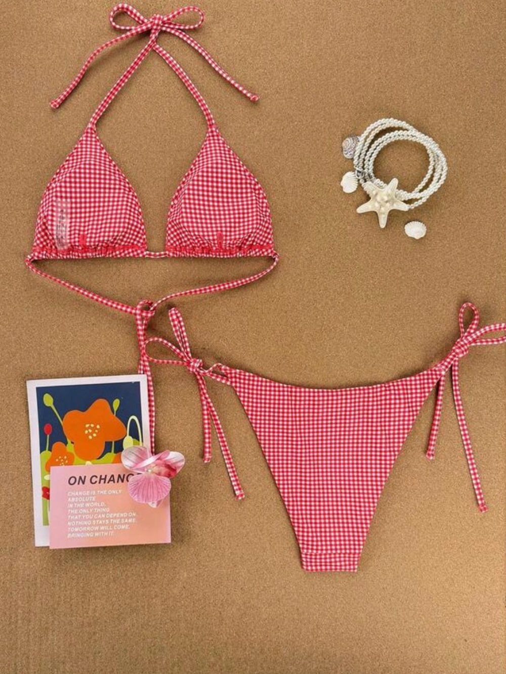 Women's Red Gingham Tie-Side Bikini - Classic Triangle Top - Picture 2 of 4